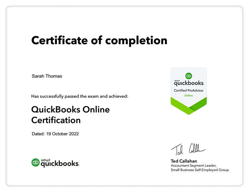 Sarah Thomas Quickbooks ProAdvisor Certificate